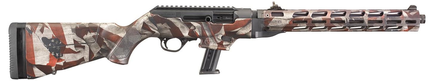Ruger PC Carbine Ambidextrous controls / reversible charging-handle Model 19121; American Flag camo free-float variant; right-side ejection not treated as true-left
