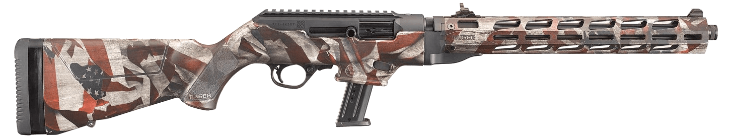 Ruger PC Carbine Ambidextrous controls / reversible charging-handle; American Flag camo free-float variant; right-side ejection not treated as true-left · 9mm Luger